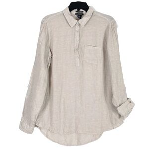 Jones New York Beige Linen Blouse L Roll Tab Airy Summer Coastal Vacay Beachy